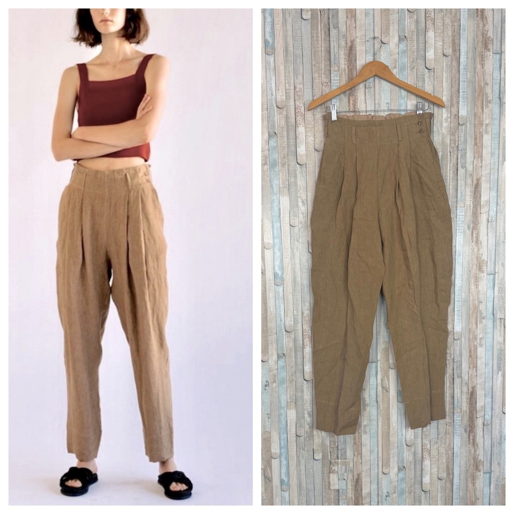Mijeong Park S Tan 100% Linen High Waist Pleated Peg Leg Trouser Pant Minimalist